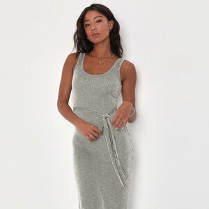 Lulus Summer Perfection Olive And Ivory Striped Ribbed Midi Dress Green - Size S